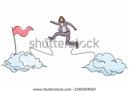Continuous one line drawing brave businesswoman jump and leap over clouds to reach success target flag. Challenge of her career. Business metaphor. Single line draw design vector graphic illustration