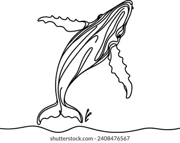 continuous one line drawing of a breaching humpback whale. vector illustration