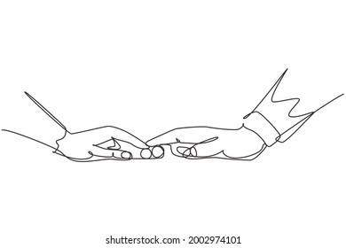 Continuous one line drawing bride and groom touching rings by finger. Bride and groom make vow of loyalty on their wedding day. Marriage celebration. Single line design vector graphic illustration