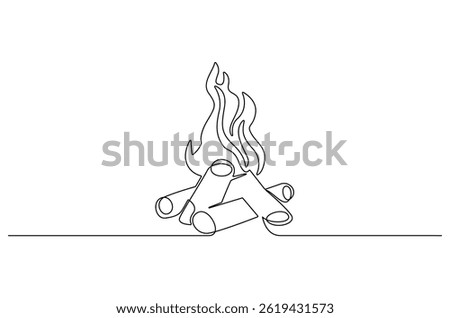 Continuous one line drawing of Bright bonfire. Single line drawing illustration of Burning bonfire. Wood and fire concept vector art. Doodle line illustration.