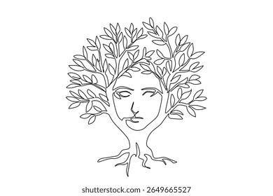Continuous one line drawing a broadleaf tree with the middle of the trunk forming the silhouette of a face. Natural artificial intelligence. Tree Concept. Single line draw design vector illustration
