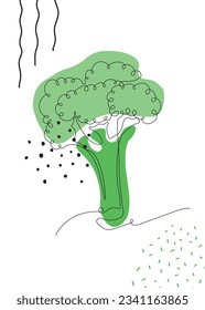 Continuous one line drawing broccoli. Vector illustration. Black line art on white background with colorful spots and elements. Poster in minimalism concept