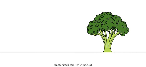 Continuous one line drawing broccoli. Vector illustration. Vegan art on white background.