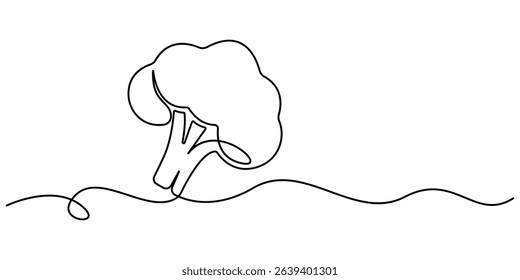 Continuous one line drawing of broccoli. healthy eating, vegetarianism, vegetable, garden plant, one line, fresh vegetable concept continuous line art. Editable outline, Fresh Broccoli Continuous