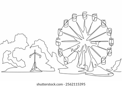 Continuous one line drawing broken and neglected ferris wheel in the amusement park. A place without civilization. International Chernobyl Remembrance Day. Single line draw design vector illustration