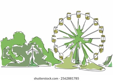 Continuous one line drawing broken and neglected ferris wheel in the amusement park. A place without civilization. International Chernobyl Remembrance Day. Single line draw design vector illustration