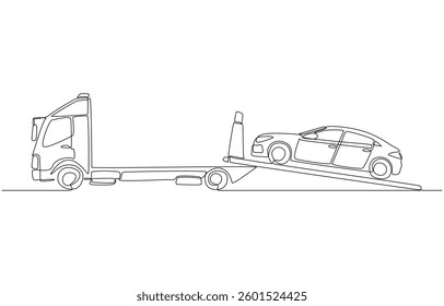 Continuous one line drawing of broken down car being loaded onto a slide truck, car moving service concept, single line art