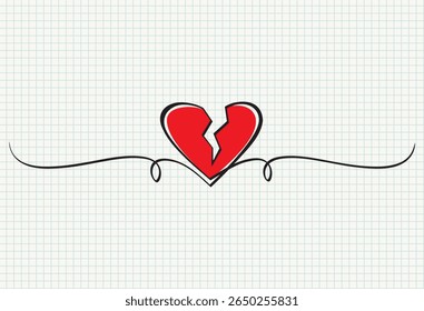 Continuous one line drawing of broken heart isolated on white paper background. Vector illustration