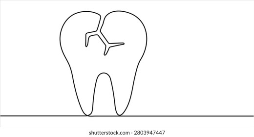 Continuous one line drawing of broken tooth. simple dental tooth  line art vector illustration. Dentist stomatology medical concept.