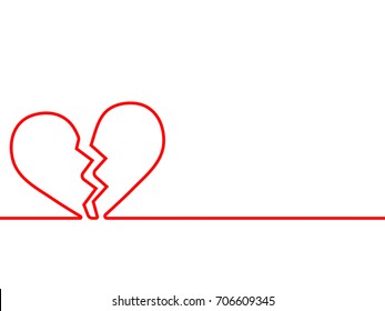 Continuous one line drawing of broken heart icon on white background. EPS10 vector illustration for design element, poster, postcard, banner, template, infographic, Red thin line image of split heart.
