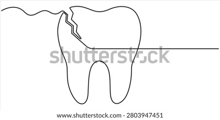 Continuous one line drawing of broken tooth. simple dental tooth  line art vector illustration. Dentist stomatology medical concept.