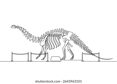 Continuous one line drawing brontosaurus dinosaur skeleton in museum room. Getting to know anatomy of predatory animal in the past International Museum Day. Single line draw design vector illustration