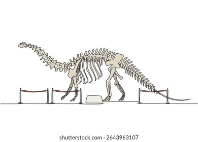 Continuous one line drawing brontosaurus dinosaur skeleton in museum room. Getting to know anatomy of predatory animal in the past International Museum Day. Single line draw design vector illustration