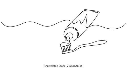 Desenho contínuo de uma linha de escova com pasta de dente. Ilustração vetorial, Ilustração de desenho de linha única de pasta de dente com pincel. Marca produtos de cuidados orais conceito vetor arte. Linha de doodle. 