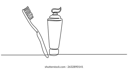 Continuous one line drawing of brush with toothpaste. Vector illustration, Single line drawing illustration of Tooth paste with brush. Branding oral care products concept vector art. Doodle line. 