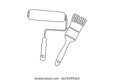 Dibujo continuo de una línea de pincel o rodillo para pintar. Ilustración de dibujo de una sola línea de pinceles o rodillos. Arte vectorial de concepto de paredes interiores o exteriores. Ilustración de línea Doodle.