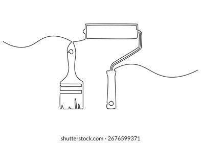 Dibujo continuo de una línea de pincel o rodillo para pintar. Ilustración de dibujo de una sola línea de pinceles o rodillos. Arte vectorial de concepto de paredes interiores o exteriores. Ilustración de línea Doodle.