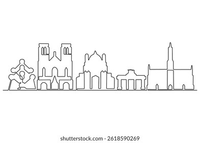 Desenho contínuo de uma linha do horizonte da cidade de Bruxelas. Ilustração de desenho de linha única da paisagem urbana da Bélgica. Belas construções e arquitetura conceito vetor arte. Doodle linha ilustração.