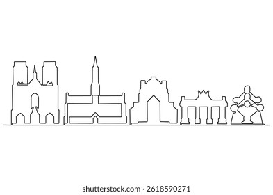 Desenho contínuo de uma linha do horizonte da cidade de Bruxelas. Ilustração de desenho de linha única da paisagem urbana da Bélgica. Belas construções e arquitetura conceito vetor arte. Doodle linha ilustração.