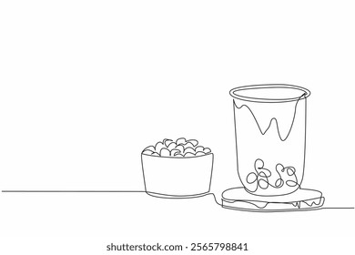 Continuous one line drawing bubble tea in a plastic cup on a wooden base with a small bowl filled with boba. Freshness in summer. National Bubble Tea Day. Single line draw design vector illustration