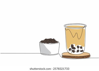 Continuous one line drawing bubble tea in a plastic cup on a wooden base with a small bowl filled with boba. Freshness in summer. National Bubble Tea Day. Single line draw design vector illustration