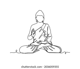 Dibujo continuo de una línea del icono del budismo buddha en silueta sobre un fondo blanco. Linear estilizado.