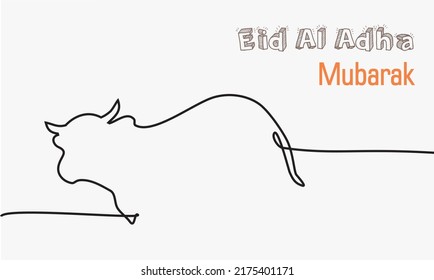 Continuous one line drawing of buffalo - cow. Eid Al Adha Simple Line - Vector illustration of  buffalo - cow.  Muslim holiday sacrificing animals to God, Eid al-Adha greeting card concept. Editable.