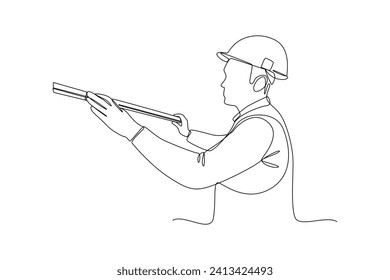 Continuous one line drawing the builder is measuring the building. Construction worker in uniform and helmet doing work. Builder concept. Repair work services. Single line draw design.