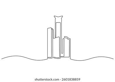 Continuous one line drawing of Building architecture. Single line drawing illustration of Smart building architecture. Real estate concept vector art. Doodle line illustration.