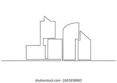 Continuous one line drawing of Building architecture. Single line drawing illustration of Smart building architecture. Real estate concept vector art. Doodle line illustration.