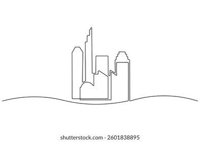 Continuous one line drawing of Building architecture. Single line drawing illustration of Smart building architecture. Real estate concept vector art. Doodle line illustration.