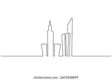 Continuous one line drawing of Building architecture. Single line drawing illustration of Smart building architecture. Real estate concept vector art. Doodle line illustration.