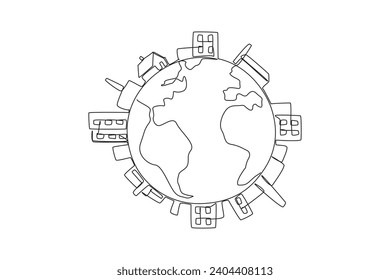 Los edificios de una línea de dibujo continuos rodean el borde del globo. Área industrial. En su mayoría, hay contaminación. Cuidar la tierra lo mejor posible. Ilustración vectorial de diseño de líneas simples