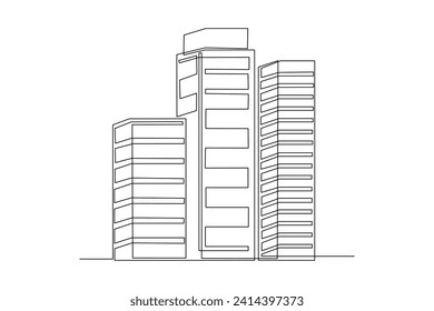 Continuous one line drawing of buildings lined up at the intersection. Business office building district hand drawn minimalist concept. Modern single line draw design vector graphic illustration