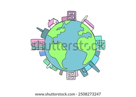 Continuous one line drawing buildings surround edge of the globe. Industrial area. Mostly there is pollution. Take care of the earth as best as possible. Single line draw design vector illustration