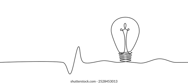 Desenho contínuo de uma linha de lâmpada e corrente elétrica. Símbolo de Ideia. Ilustração de vetor.