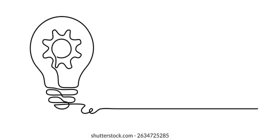 Continuous one line drawing bulb with gears inside. Training and workshop concept. Single line draw design vector graphic illustration, Light bulb concept with gears inside. 