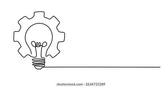 Lâmpada contínua de desenho de uma linha com engrenagens no interior. Conceito de treinamento e workshop. Ilustração gráfica vetorial de desenho de linha única, conceito de lâmpada com engrenagens no interior. 
