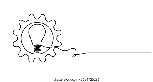 Continuous one line drawing bulb with gears inside. Training and workshop concept. Single line draw design vector graphic illustration, Light bulb concept with gears inside. 