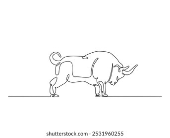 Continuous one line drawing of bull with white background. Buffalo single line art vector illustration. Editable vector. 
