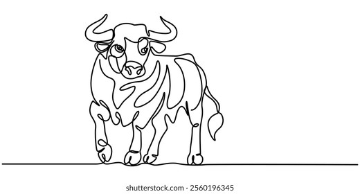 Continuous one line drawing. Bull cow icon, One single line drawing of elegance buffalo for conservation national park logo identity. Big strong bull mascot concept for rodeo show. Modern continuous.