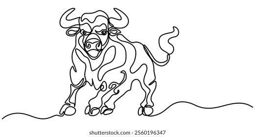 Continuous one line drawing. Bull cow icon, One single line drawing of elegance buffalo for conservation national park logo identity. Big strong bull mascot concept for rodeo show. Modern continuous.