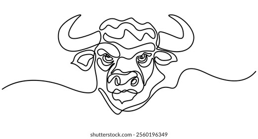 Continuous one line drawing. Bull cow icon, One single line drawing of elegance buffalo for conservation national park logo identity. Big strong bull mascot concept for rodeo show. Modern continuous.