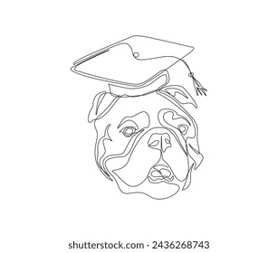 Continuous one line drawing of Bulldog head wearing graduation cap. Dog and graduation cap single line art vector illustration. Editable stroke.