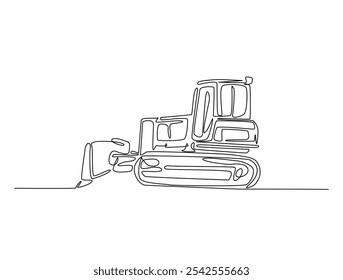 desenho contínuo de uma linha de Bulldozer Construção de equipamentos pesados. Ilustração vetorial de arte de linha única Bulldozer. Vetor editável. 
