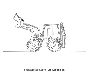 desenho contínuo de uma linha de Bulldozer Construção de equipamentos pesados. Ilustração vetorial de arte de linha única Bulldozer. Vetor editável. 
