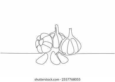 Continuous one line drawing a bunch of garlic. Fresh simple look. Kitchen spice. The little ones with many benefits. Boost immune. National Garlic Day. Single line draw design vector illustration