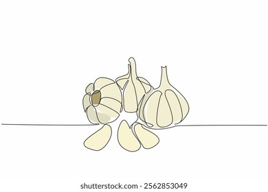 Continuous one line drawing a bunch of garlic. Fresh simple look. Kitchen spice. The little ones with many benefits. Boost immune. National Garlic Day. Single line draw design vector illustration