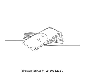 Continuous one line drawing bundles of money or cash . paper money single outline vector illustration. Editable stroke.