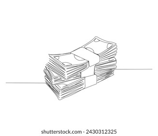 Continuous one line drawing bundles of money or cash . paper money single outline vector illustration. Editable stroke.